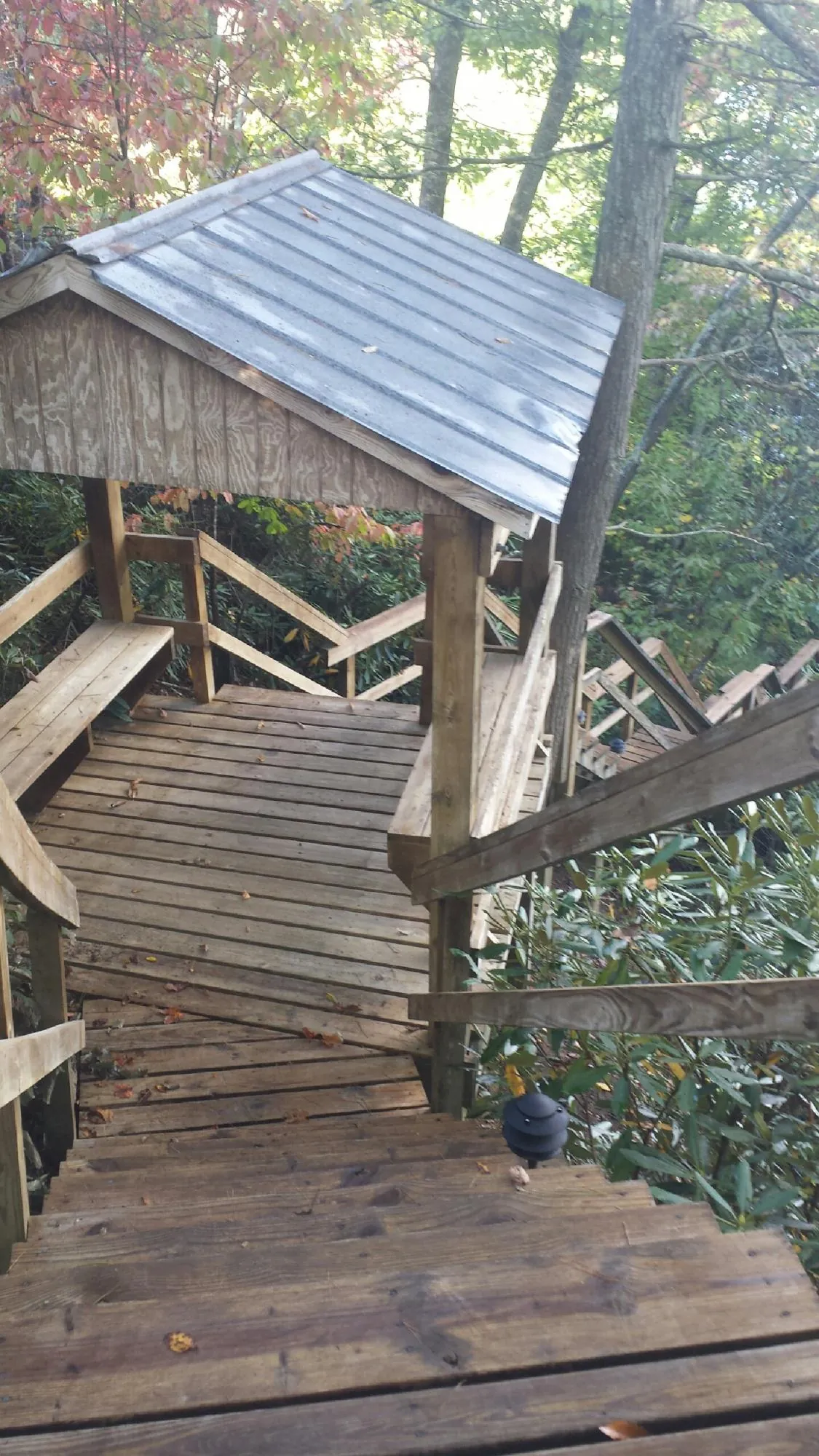 Metal roofed shelter over wooden steps on a wooded walkway — Skylight Repair & Installation work by our crew in Bruneau